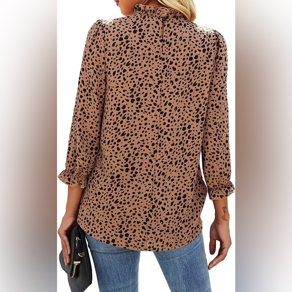 Avanova Women's Leopard Printed Ruffle Hem Long Sleeve Mock Neck Blouse Top - Picture 6 of 6